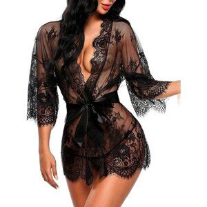 Avidlove Women's Lace Kimono Robe Babydoll Lingerie Mesh Nightgown S/M